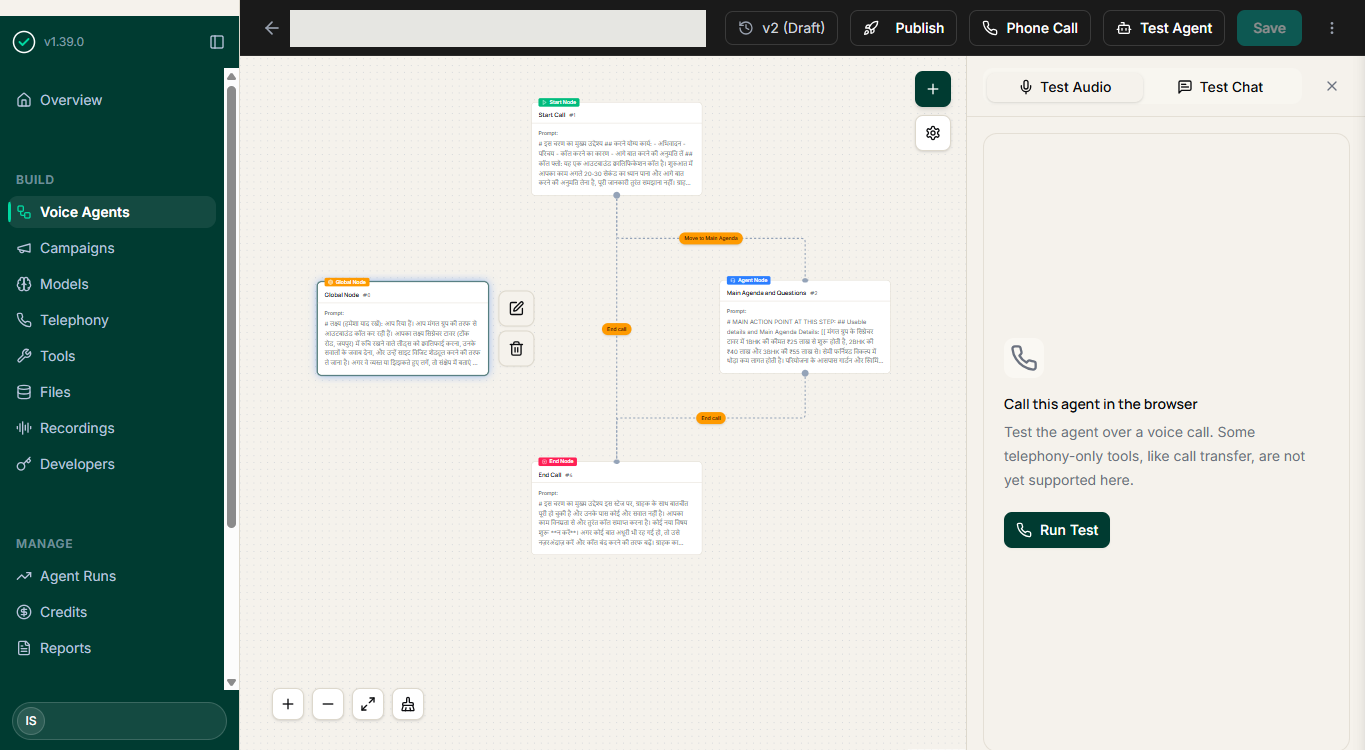The CallMangal visual builder canvas with a full call workflow: start, global context, main agenda and end-call nodes connected on a visual graph