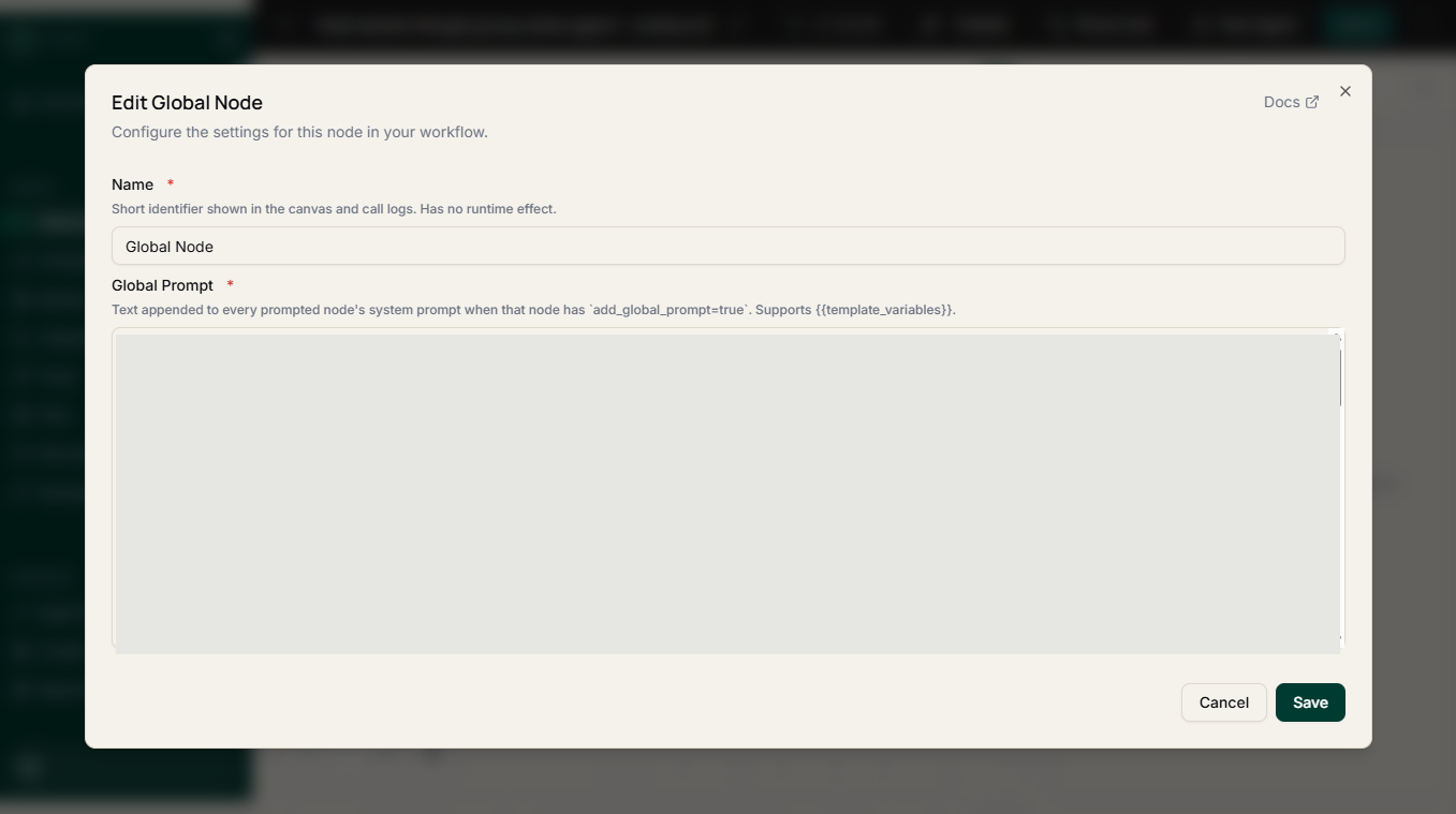The CallMangal Edit Global Node dialog, where shared business context is written once for the whole workflow